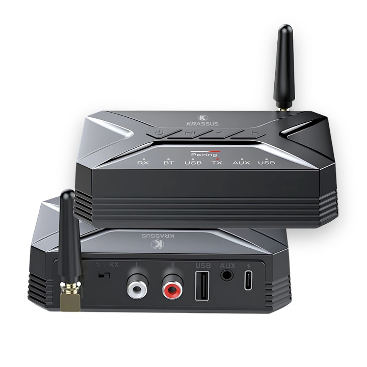 KRASSUS T-R22 Bluetooth audio adó és vevő, 2 az 1-ben, Vezeték nélküli, RCA/AUX/USB, Sztereó, kompatibilis TV-vel, PC-vel, hangszórókkal, fejhallgatóval, távolság akár 50 m, Hi-Fi hang, Bluetooth verzió 5.0+EDR