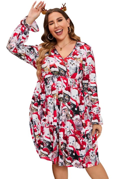 Дамска коледна рокля, дълъг ръкав, V-образно деколте, полиестер, XL INTL