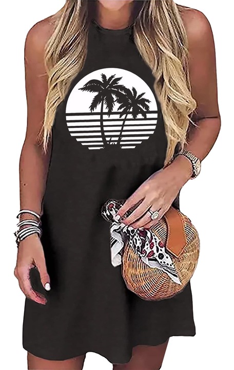 Alkalmi nyári ruha, grafikus nyomtatás, ujjatlan, fekete-fehér, 65% pamut, 30% poliészter, 5% poliuretán, S INTL