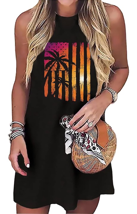 Ежедневна лятна рокля, графичен принт, без ръкави, многоцветна, 65% памук