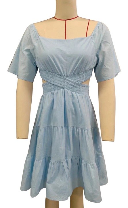 Памучна рокля, кръстосана талия, светлосиня, Син, M