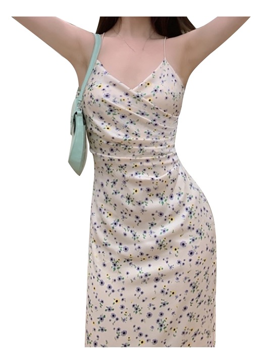 Рокля с флорален принт, V-образно деколте, спагети презрамка, полиестер, ежедневна, многоцветна