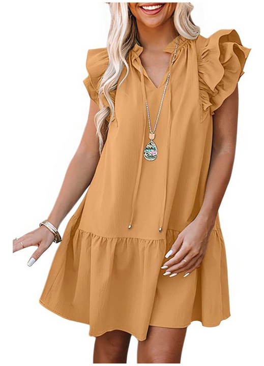 Елегантна рокля-туника, V-образно деколте, ръкави с волани, оранжево, полиестер, L INTL