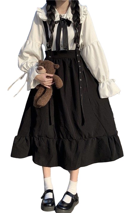 Комплект Колежанска рокля с яка за кукли, пола с регулируеми презрамки, папийонка, многоцветна, изработена от качествена материя