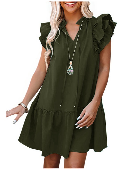 Елегантна рокля-туника, V-образно деколте, ръкави с волани, зелено, полиестер, XL INTL