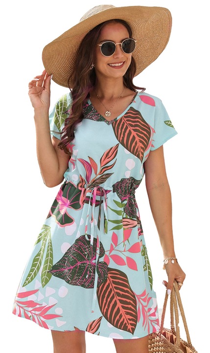 Рокля на цветя, V-образно деколте, полиестер, многоцветна, Син