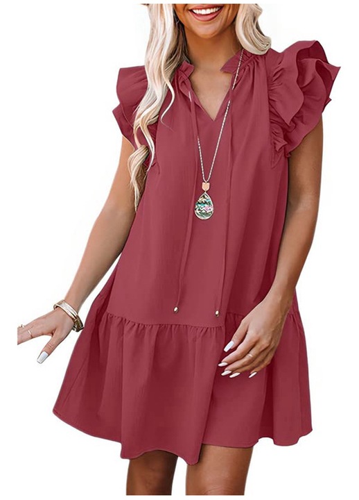 Рокля туника, V-образно деколте, ръкави с волани, Червен