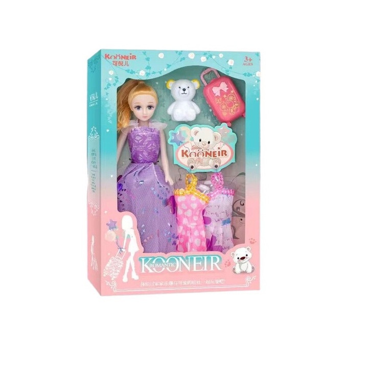 Комплект кукла момиче, 29 см, с ангел и цветна щипка, рокля, за деца 4-6 години
