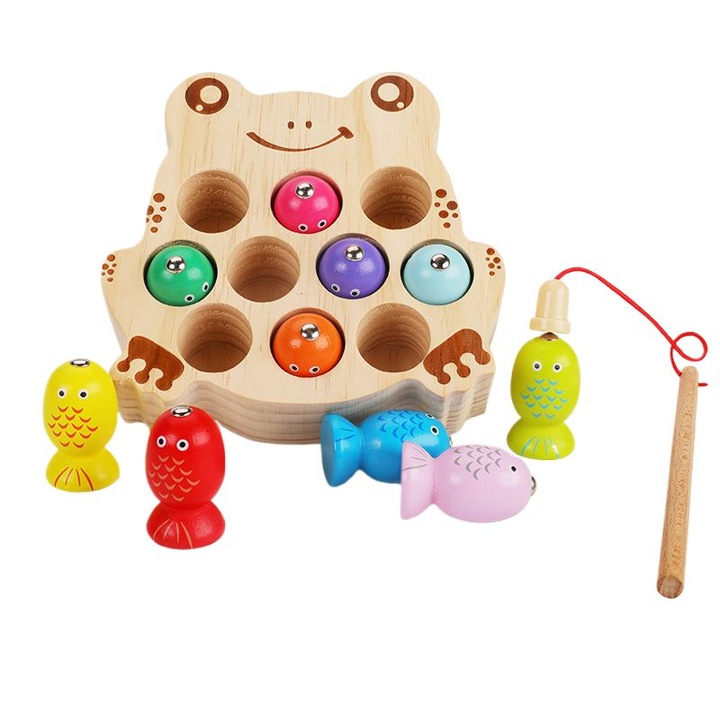 Jucarie interactiva copii, pescuit cu broaste, 18x14x5.5cm, lemn, pentru 4-6 ani