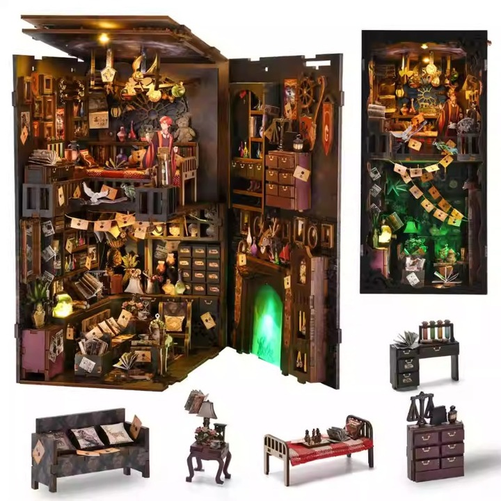Направи си сам 3D ъглов комплект книга, миниатюрна дървена къща, с LED, 18x11x23 см, многоцветна