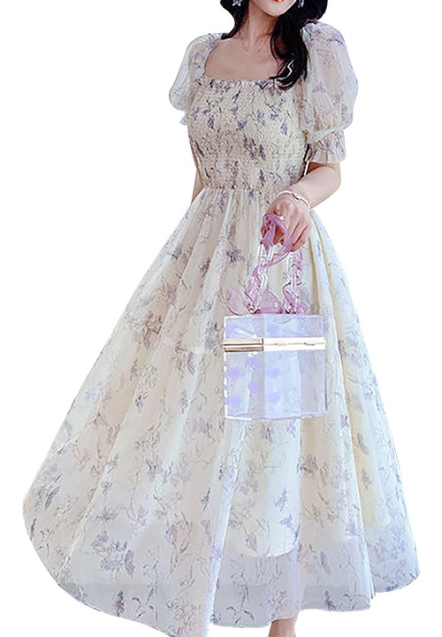 Дамска рокля във френски стил с волани и буф ръкави, бяла, полиестер, L INTL