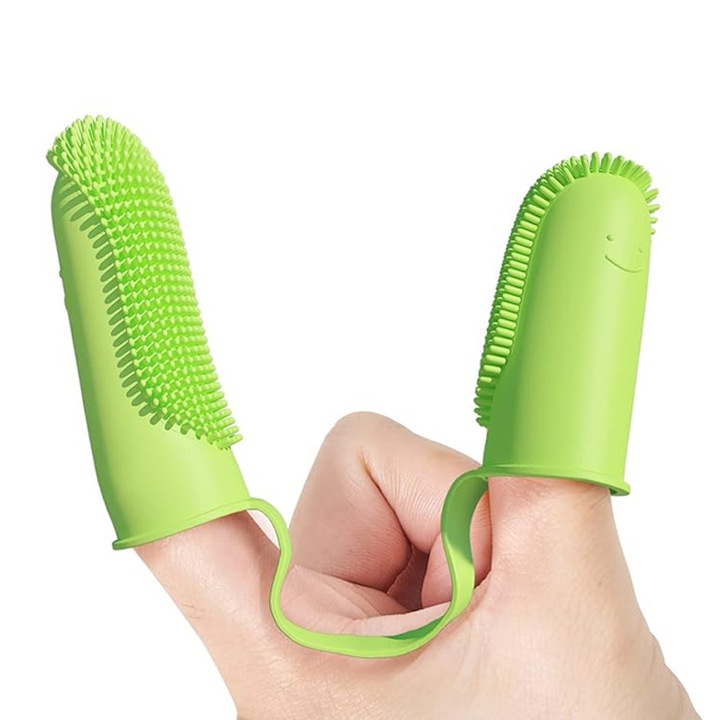 Periuta de dinti pentru animale, design cu doua degete, material TPR, 800 de perii moi, verde, potrivita pentru caini si pisici