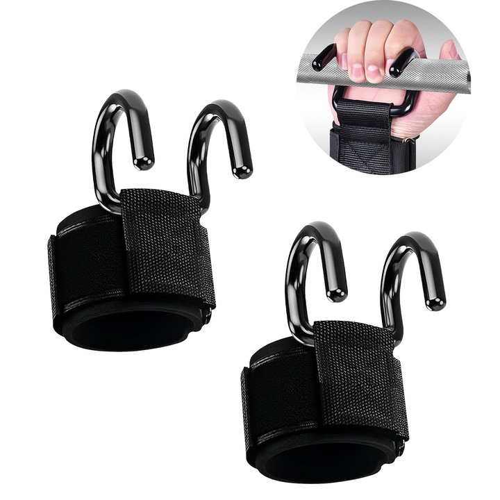 Carlige de tractiune pentru sala, Set de 2 suporturi pentru incheieturi cu carlig, ideale pentru antrenamente de forta si prevenirea accidentarilor