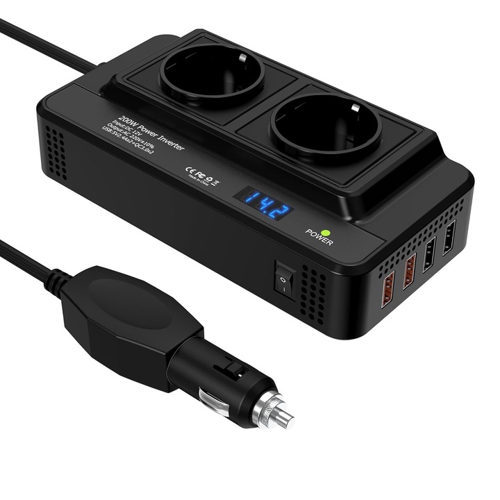 BOMSTOM 200 W-os autós inverter, 2 hálózati csatlakozóaljzat, 4 USB port, 12 V, 72 cm-es kábel