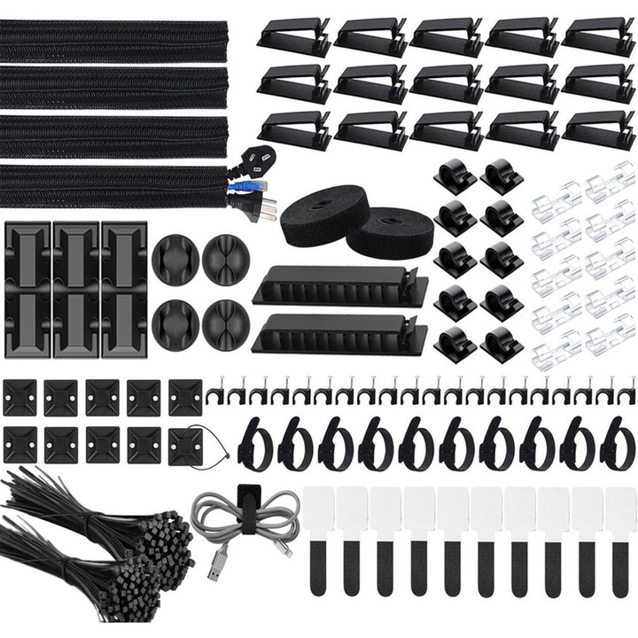 Set organizare cabluri Adiven, 300 piese, 4 mansoane, 37 clipsuri, 7 suporturi, 10 monturi, 20 cuie, 200 legaturi, 20+2 benzi pentru TV PC