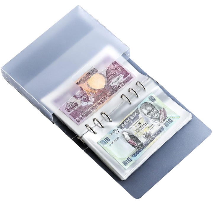Carnet portabil de bancnote Collection, AjieQaQ,100 de buzunare, design cu buzunare separate, pentru afisarea si protejarea bancnotelor, medaliilor si timbrelor, 17,3x10,4 cm, transparent