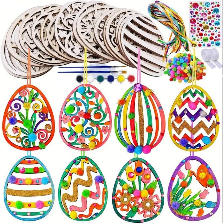Húsvéti kézműves szett 109 darab, TasyPins, fa tojás festéshez, pomponok, díszmadzag, matricák, többszínű