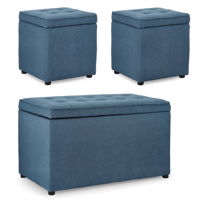 Set bancuta, 2 tabureti textil albastru Derrick 40x40x40 cm; 89x48x51 cm