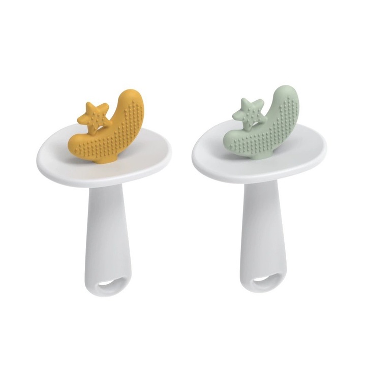 2 db szilikon fogzási játék készlet, BPA mentes, 0-24 hónapig, aranyos csillag és hold alakú, zöld/sárga