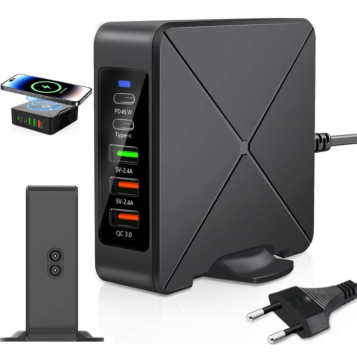 Станция за зареждане 6 в 1, Quietzi, с безжично зарядно устройство, 2 USB-C и 3 USB-A, 75 W бързо зареждане, USB QC 3.0, усъвършенствана защита и ефективно разсейване на топлината, универсално зареждане за лаптопи и телефони, черно