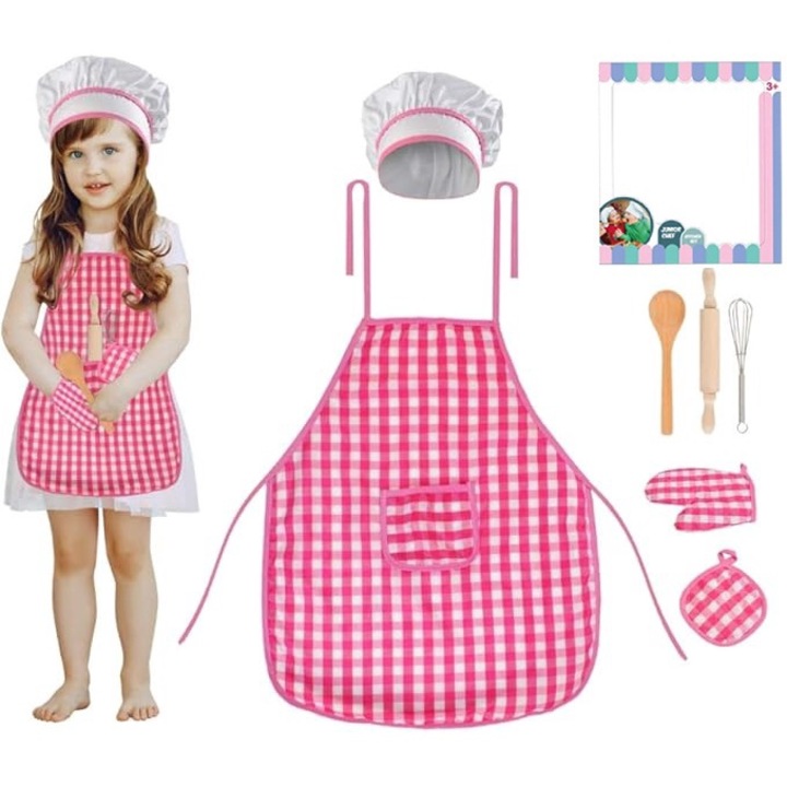 Set de Bucatar pentru Copii LittleChef, Include Sort in Carouri, Boneta, Manusa, Suport pentru Vase Fierbinti, Sucitor si Lingura din Lemn, Tel pentru Micii Bucatari - Ideal pentru Joc de Rol, Indiggo@, Roz/Alb, +3 Ani