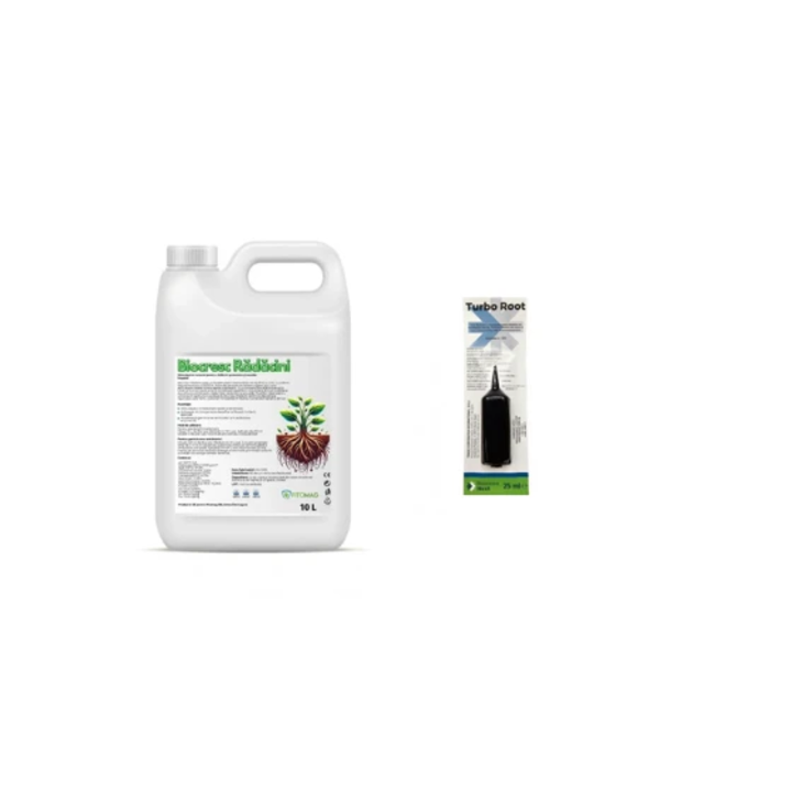 Pachet inradacinare rasaduri Biostimulator pentru butasi si arbusti fructiferi Biocresc Radacini, 10 l + Biostimulator Turbo Root, 25 ml