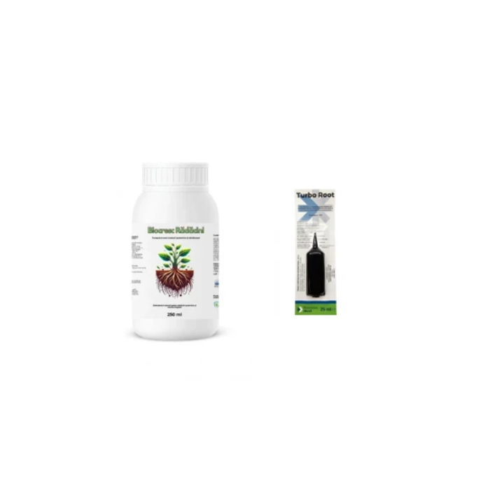 Pachet inradacinare rasaduri Biostimulator pentru butasi si arbusti fructiferi Biocresc Radacini, 250 ml + Biostimulator Turbo Root, 25 ml