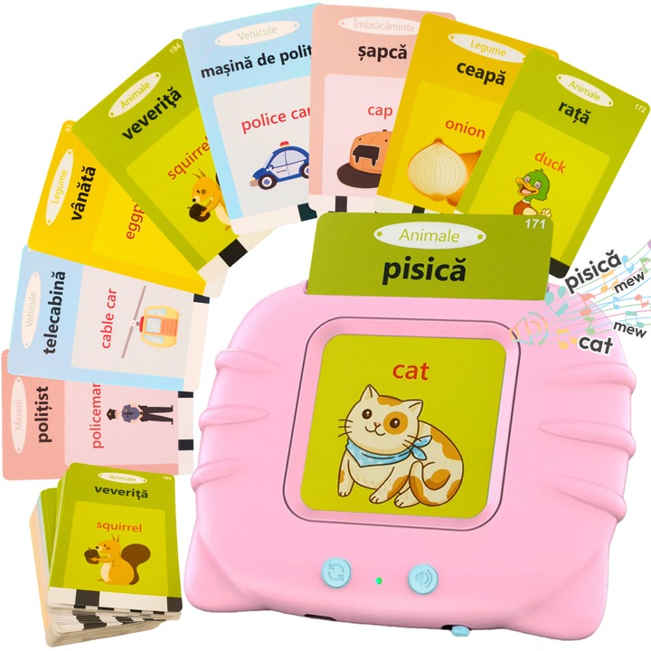 Cititor de Carduri in Limba Romana si Engleza cu 448 Cuvinte, 224 Imagini si sunete, incarcare USB, 3+ ani, Roz, WW2033-B RCO®