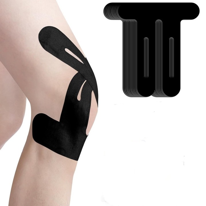 Banda kinesiology pre-taiata pentru genunchi, 12 bucati, impermeabila, suport durabil pentru sport, neagra