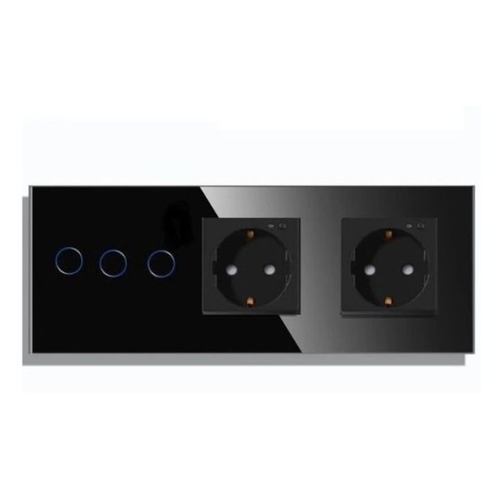 Intrerupator 6M (2+2+2M) 3 butoane intrerupator WI-FI + RF fara nul cu 2x Shuko Smart WI-FI 16A cu rama de sticla Culoare negru