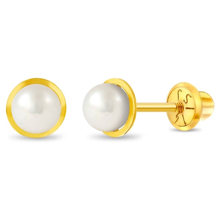 Finom, 14 karátos arany fülbevaló 6 mm-es édesvízi tenyésztett gyönggyel gyerekeknek, biztonságos csavaros zárással