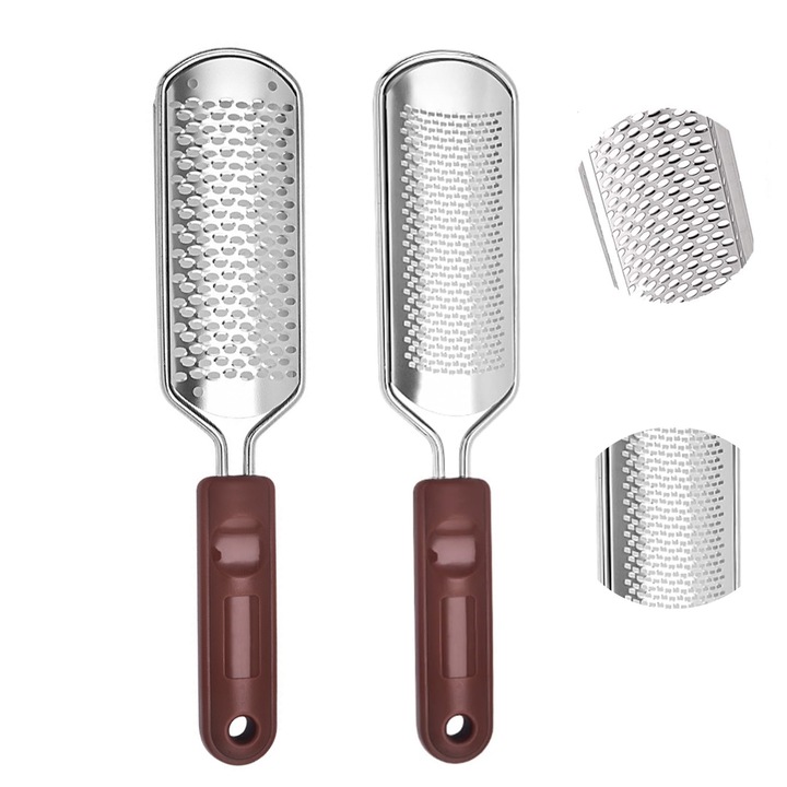 Set 2 Pila Metalica de Calcaie Profesionala, SINBINTA, Pila Premium pentru Cosmetica Picioarelor, Cu suprafata curbata, Design cu doua fete, Design Ergonomic, Indeparteaza pielea dura/exfoliaza, Usor de utilizat, ABS/Inox, 24.8x6cm, Argintiu