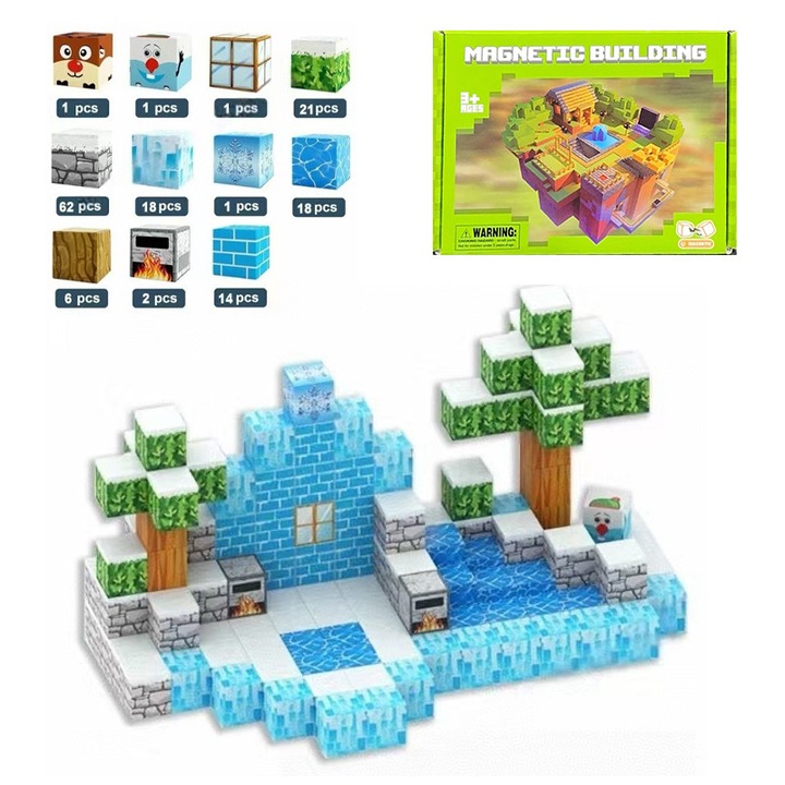 Set inteligent de constructie cu blocuri magnetice,145de cuburi magnetice de lemn, jucarii DIY pentru constructii asamblate, 20*15*4cm, multi-culoare