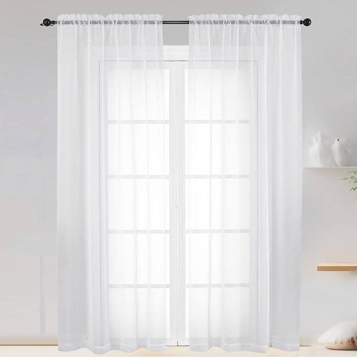 Комплект от 2 пердета, Hggzeg, Voile, Simple, Soft touch, Дишащи, Лесни за поставяне, Прозрачни, За кухня, спалня, детска стая, Полиестер, 200x100cm, Бяло