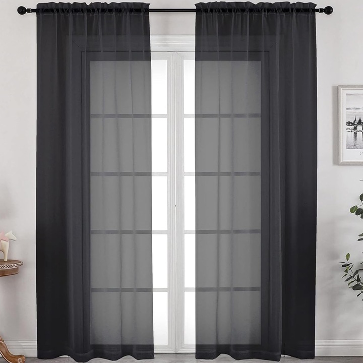 Комплект от 2 готови пердета, Hggzeg, Voile, Simple, Soft touch, Дишащи, Лесни за поставяне, Прозрачни, За кухня, спалня, детска стая, Полиестер, 270x100cm, Черни