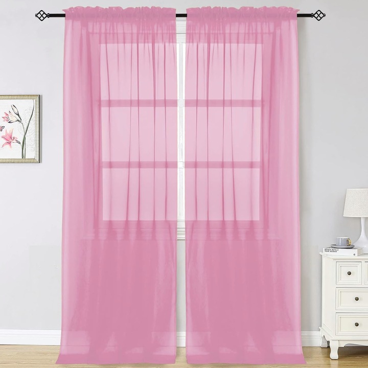 Комплект от 2 готови пердета, Hggzeg, Voile, Simple, Soft touch, Дишащи, Лесни за монтаж, Прозрачни, За кухня, спалня, детска стая, Полиестер, 200x100cm, Розови