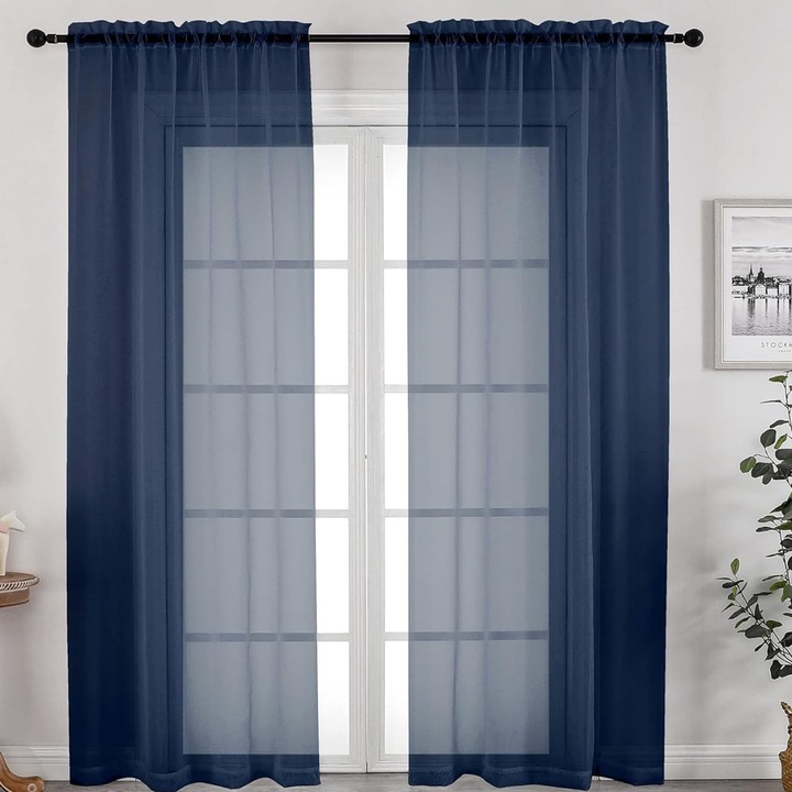 Комплект от 2 готови пердета, Hggzeg, Voile, Simple, Soft touch, Дишащи, Лесни за поставяне, Прозрачни, За кухня, спалня, детска стая, Полиестер, 200x100cm, Тъмносини
