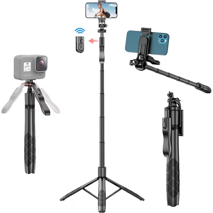 Телескопичен фото статив, със светлина, за телефон/GoPro, 1/4 резба, с 360 градуса ротация и 270 градуса наклон, дистанционно управление, функция за селфи стик, регулируем, H33-153 см, алуминий, черен