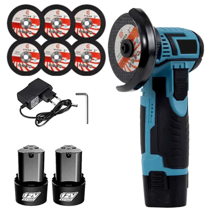 Mini Polizor Flex Unghiular Portabil, eSimplu®, 2 acumulatori 12V, 750W, 1500 mAh, 19500 rpm, 6 discuri 76 mm, Puternic, Verde/Negru