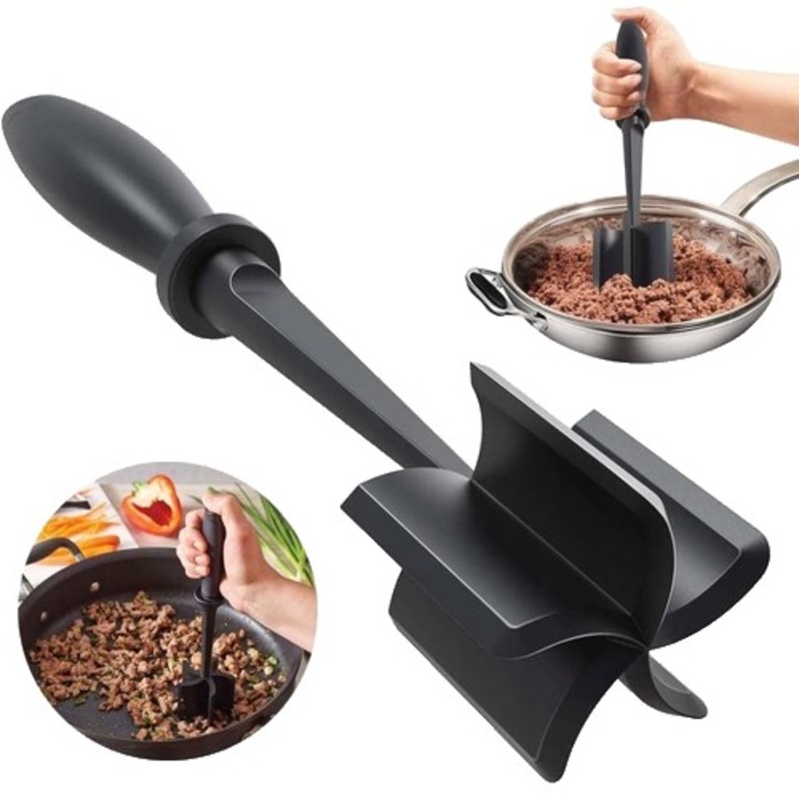 Flo Kitchen Accessories Manuális húsdaráló, pengével a hús darálásához és keveréséhez, 28x6 cm, 5 ívelt pengével, hőálló, többfunkciós, fekete