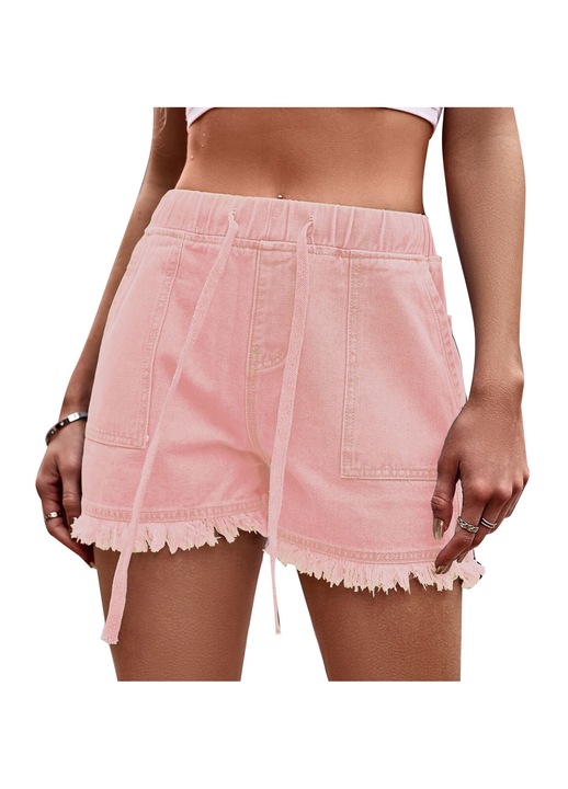 Дамски дънкови къси панталонки, изтъркан подгъв, розови