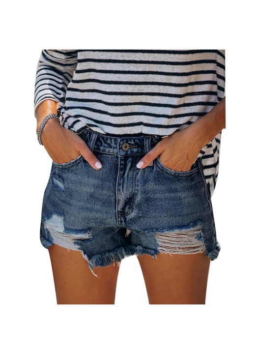 Női rövidnadrág, rojtokkal, hétköznapi, sötétkék, pamut és műselyem