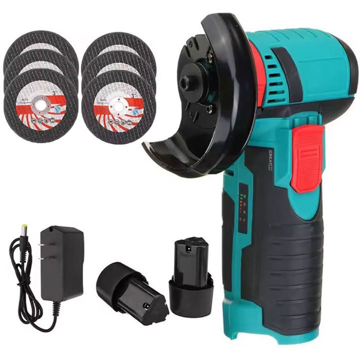 Polizor Unghiular GREATON, Tehnologie Fara Fir Cu Doi Acumulatori Reincarcabili 12V Inclusi, Capacitate 1500 mAh, Functie De Pornire Lina, 6 Discuri, 750W, Albastru / Negru