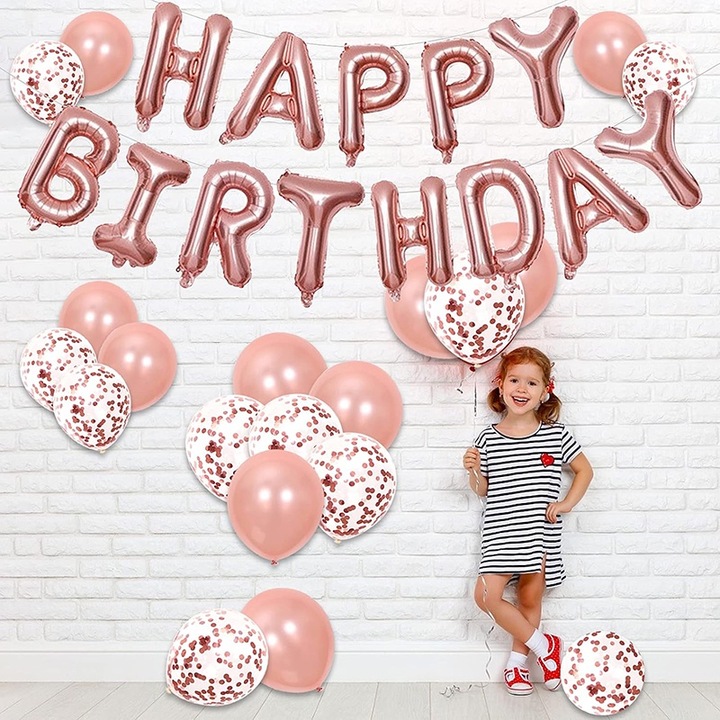 40 darabos születésnapi lufi szett, BOMSTOM, Boldog születésnapot felirattal, 24 db latex lufi, 8 db konfetti lufi, fólia lufi, rozéarany