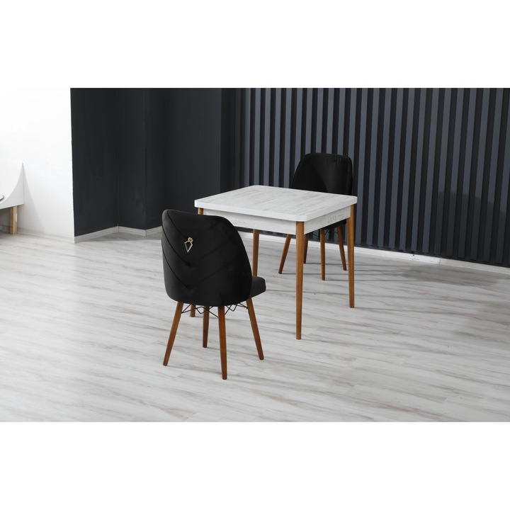 Set masa Fixa Babyface Lux, cu 2 scaune Negru, tapiterie din material catifea, dreptunghiulara, blat din pal laminat, picioare lemn, Masa 80x80x80 cm - Desire Furniture