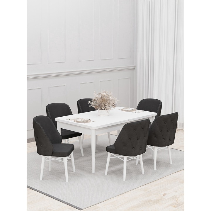 Set masa extensibila Babyface Lux, cu 4 scaune Gri antracit, tapiterie din material catifea, dreptunghiulara, blat din pal laminat, picioare albe, Masa 70x140x80 cm - Desire Furniture