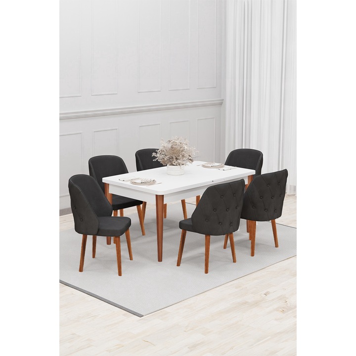 Set masa extensibila Babyface Lux, cu 4 scaune Gri antracit, tapiterie din material catifea, dreptunghiulara, blat din pal laminat, picioare lemn, Masa 70x140x80 cm - Desire Furniture