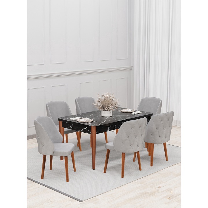 Set masa extensibila Babyface Lux, cu 4 scaune Gri, tapiterie din material catifea, dreptunghiulara, blat din pal laminat, picioare lemn, Masa 70x140x80 cm - Desire Furniture