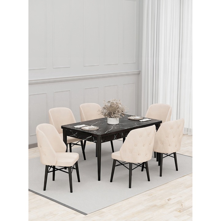 Set masa extensibila Babyface Lux, cu 4 scaune Crem, tapiterie din material catifea, dreptunghiulara, blat din pal laminat, picioare negru, Masa 70x140x80 cm - Desire Furniture