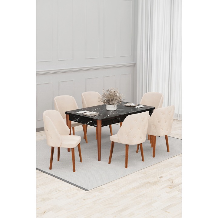 Set masa extensibila Babyface Lux, cu 4 scaune Crem, tapiterie din material catifea, dreptunghiulara, blat din pal laminat, picioare lemn, Masa 70x140x80 cm - Desire Furniture